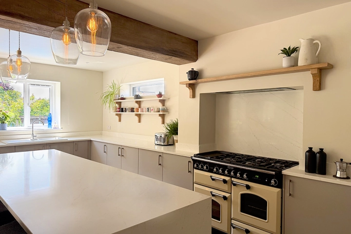 Contemporary kitchen with oak beams