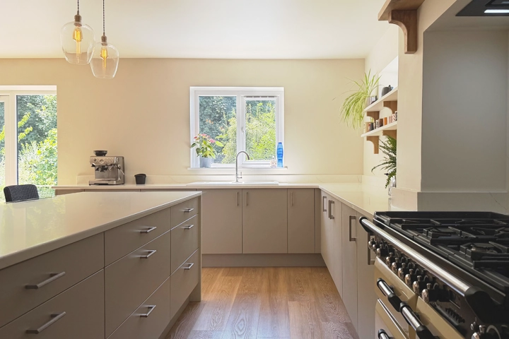 Contemporary kitchen with oak beams
