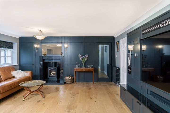 Cinema room with dark wall panelling and oak flooring