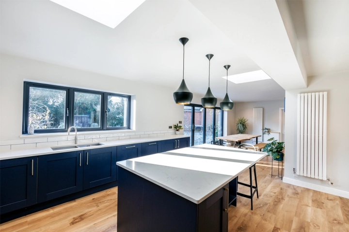 modern kitchen diner with sky lights