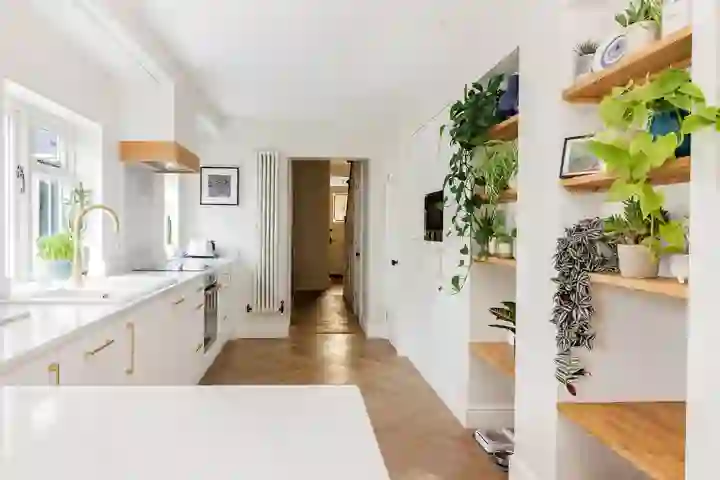 Modern white kitchenwith gold handles, oak shelves with hanging plants