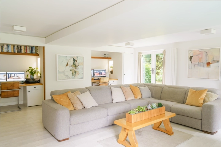 Home office with bespoke built-in desks with bamboo sliding doors