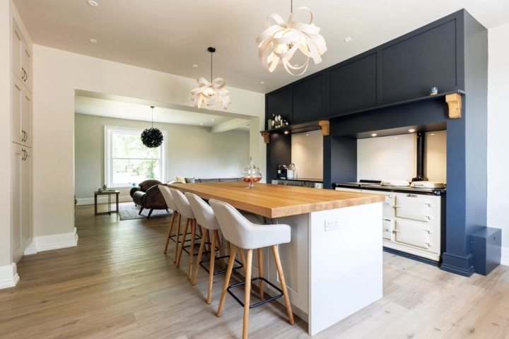 Contemporary kitchen with oak beams