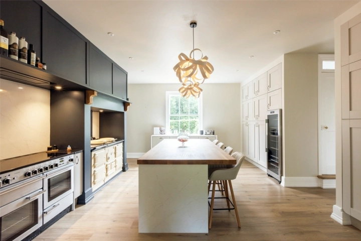 Contemporary kitchen with oak beams