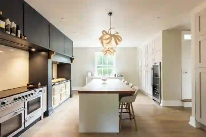Contemporary kitchen with oak beams