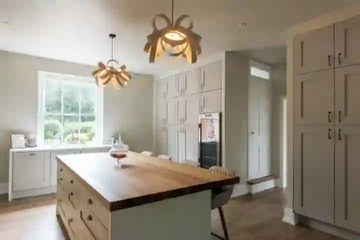 Contemporary kitchen with oak beams