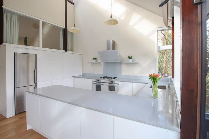 Minimalist contemporary kitchen with slanted ceiling
