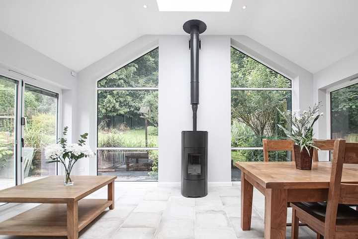 Modern kitchen diner with wood burning stove