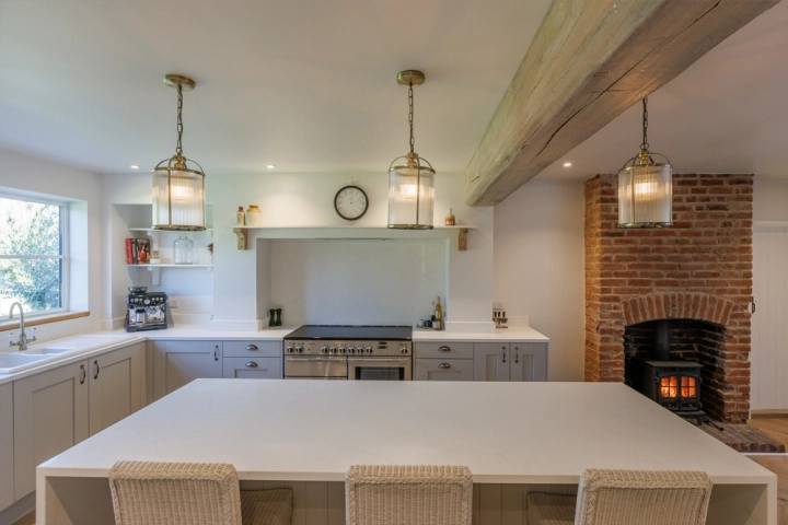 Farmhouse kitchen with quartz island